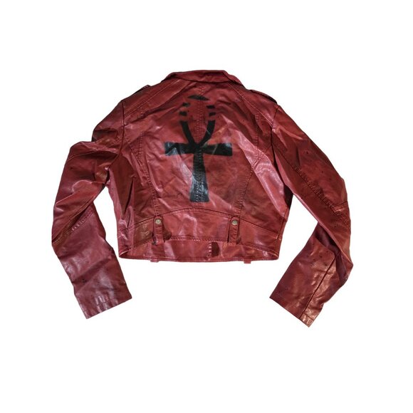 In X Out Women's Moto Red Vegan Leather Ahnk Punk Jacket - Picture 2 of 16